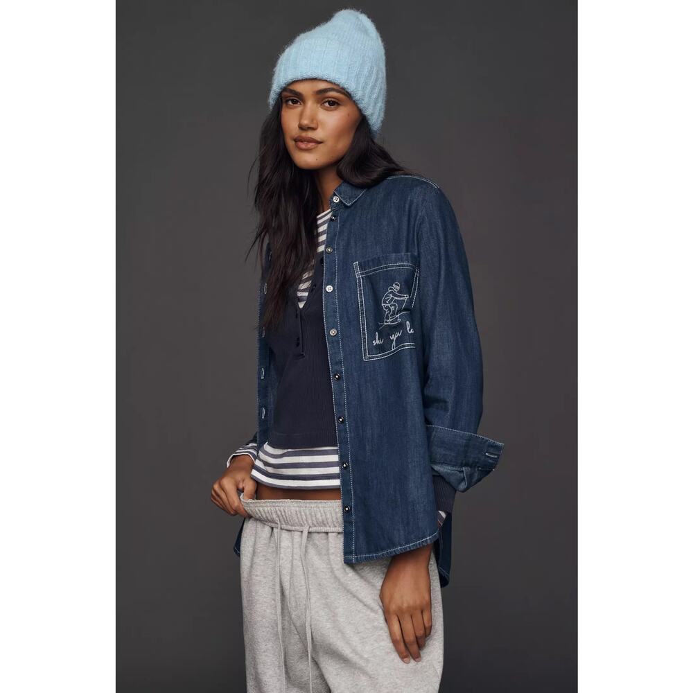 nwt ANTHROPOLOGIE PILCRO sz XL "ski you later" Denim buttondown